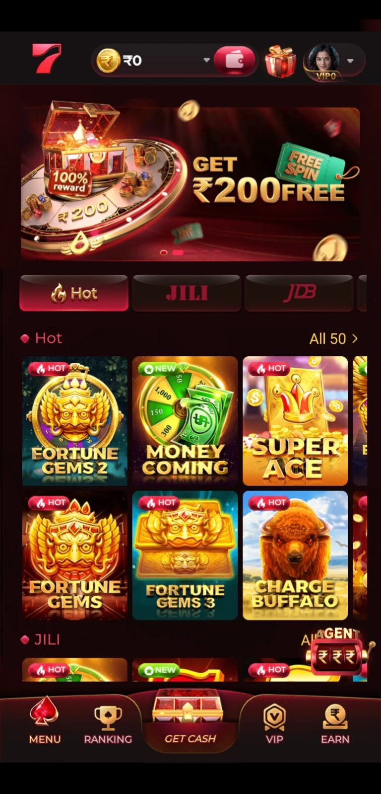 Dhan7 game app dashboard with user interface and earning options